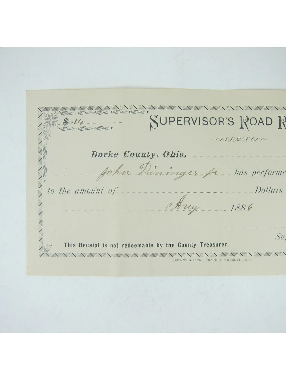 Darke County Ohio Supervisors Road Receipt Highway Work Dininger Antique 1886